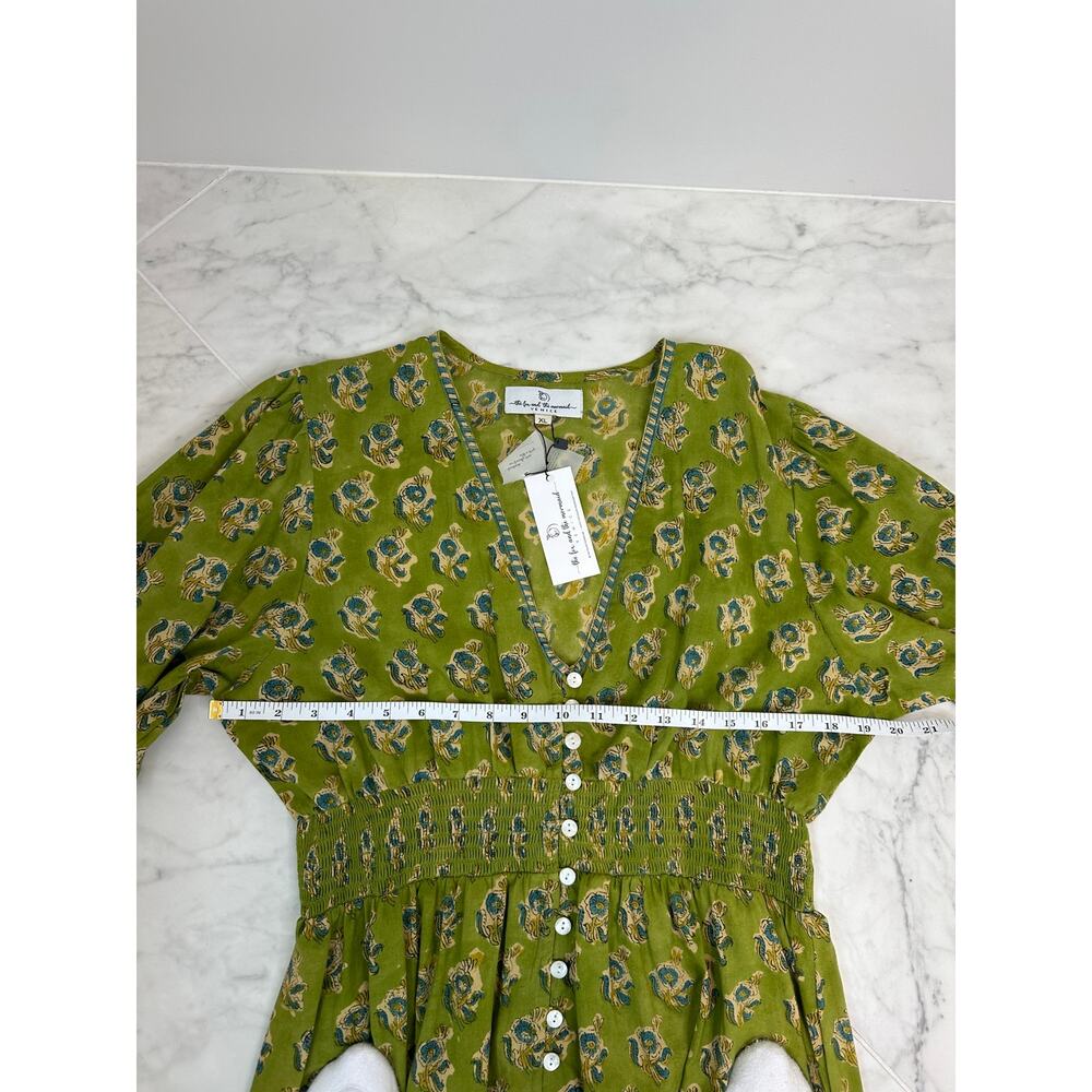 Fox & Mermaid Block Print Boho Maxi Dress Green Cottagecore XL - Picture 8 of 9
